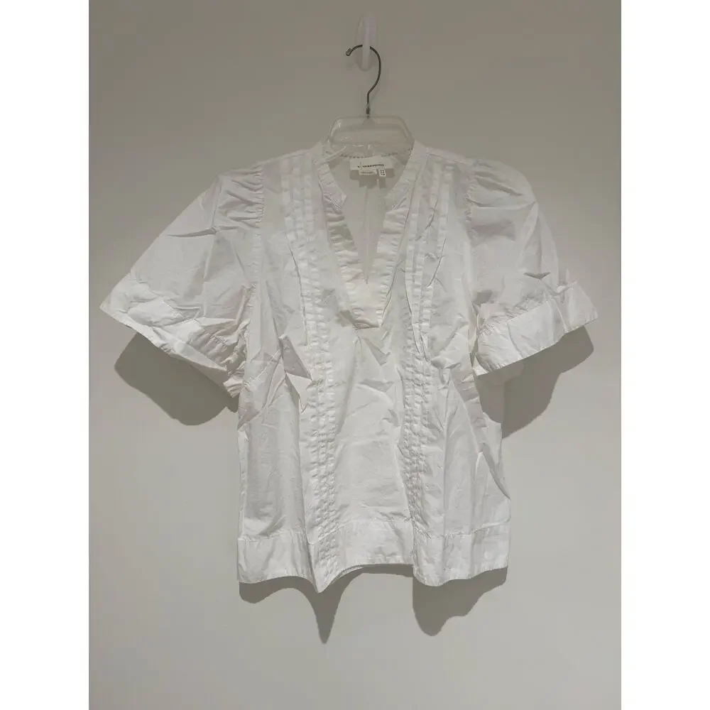 Anthropologie White Cotton Poplin Pintuck Puff Sleeve V-Neck Blouse size 14